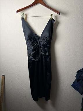 Caché Vintage Black Satin Silk Trim Plunging V-Neck Ruched Cocktail Dress